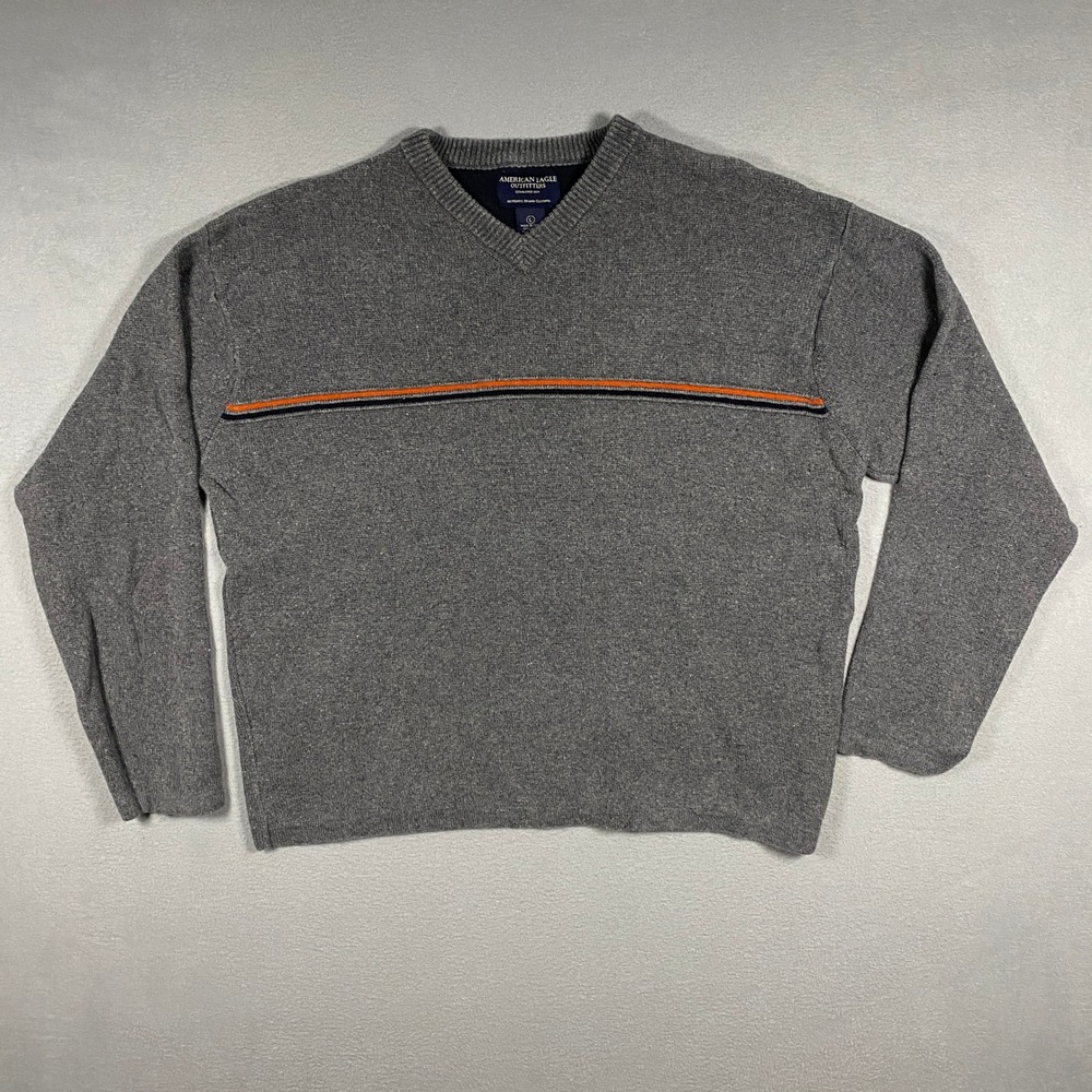 Vintage American Eagle Sweater Mens L Grey Stripe V-Neck Ramie Cotton Knit